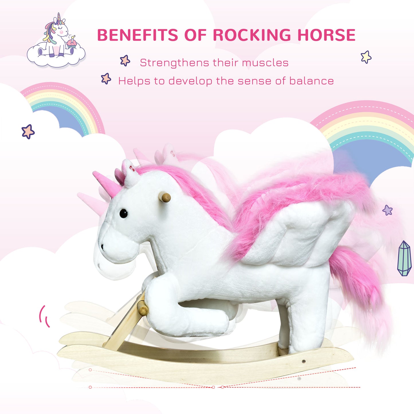 Unicorn Baby Rocking Horse Toy For Kids With Lullaby Song, Plush Ride On Horse With Heavy-Duty Support System, Interactive Toy Pretend Play Toy For Toddlers 18-36 Months