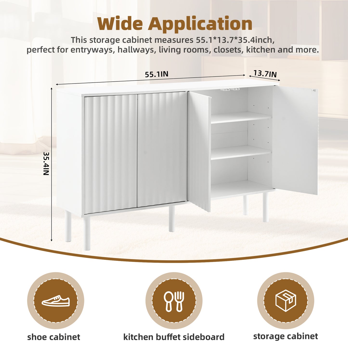 ON-TREND Minimalist Shoe Cabinet With 5 Solid Wood Legs, Cream Style Sideboard Buffet Cabinet With Fluted Doors, Large 4-Door Storage Cabinet With Adjustable Shelves For Living Room, White, 55.1x13.7