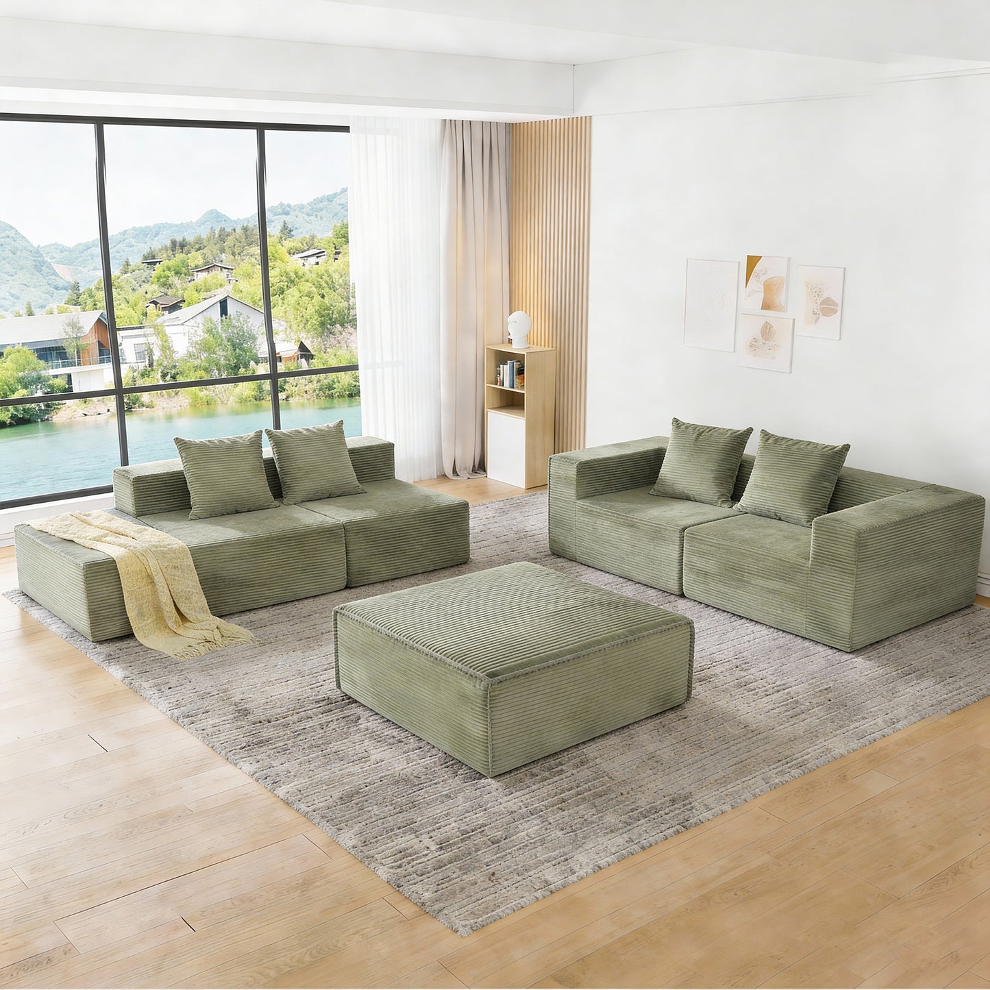 4-Seat Modular Sofa Sectional With Oversized Chaise & Ottomans - Cloud Couch In Soft Corduroy Fabric For Small Spaces, Living Room, Apartment  Green