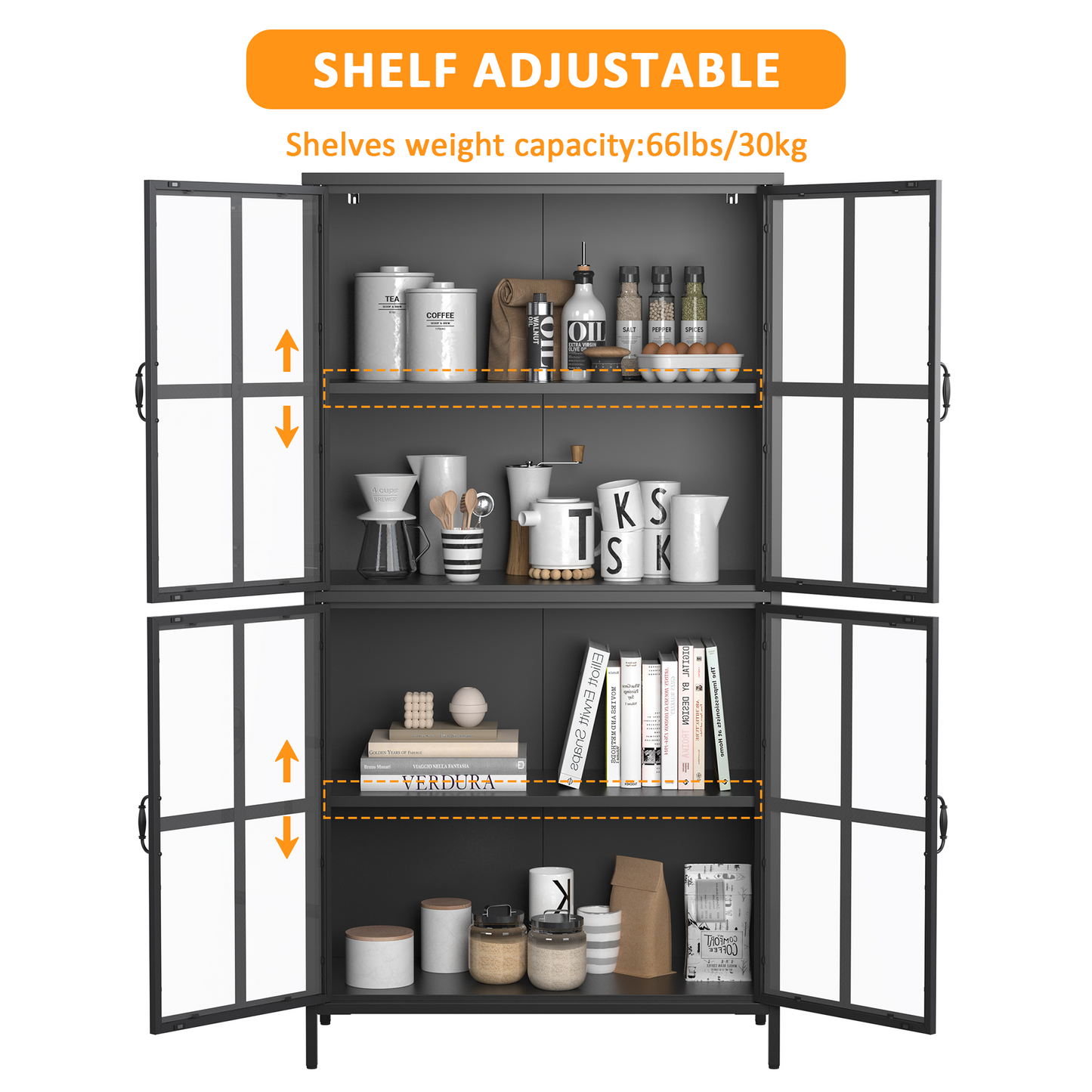 Premium Black Metal Storage Cabinet With Tempered Glass Doors, Adjustable Shelves, Anti-Tipping Device, Magnetic Silent Closure, And Adjustable Feet For Home And Office Use