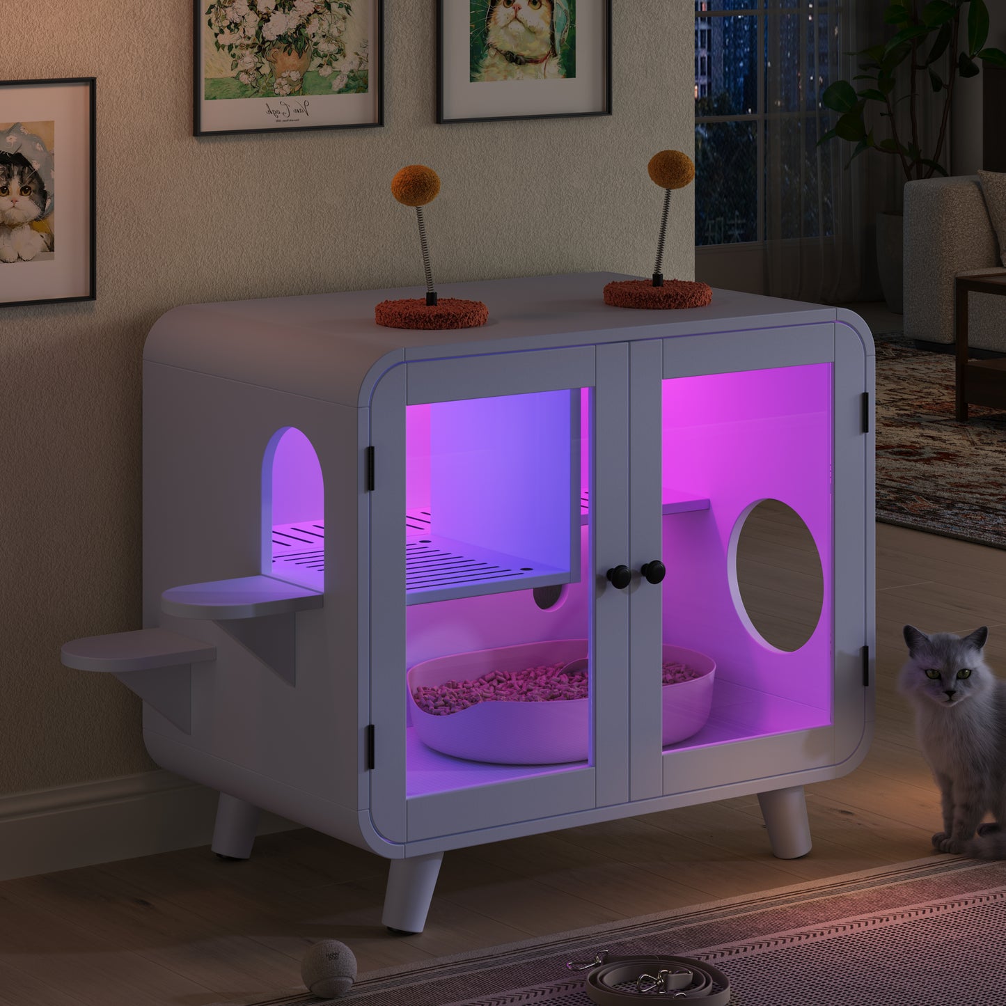 Cat Hidden Litter Box Enclosure With RGB LED Light, Cat House With Stairs And Cat Pom-pom Toys For Fun, Cat Washroom Cabinet With Litter Leak Walkway And Glass Doors For Better View,White