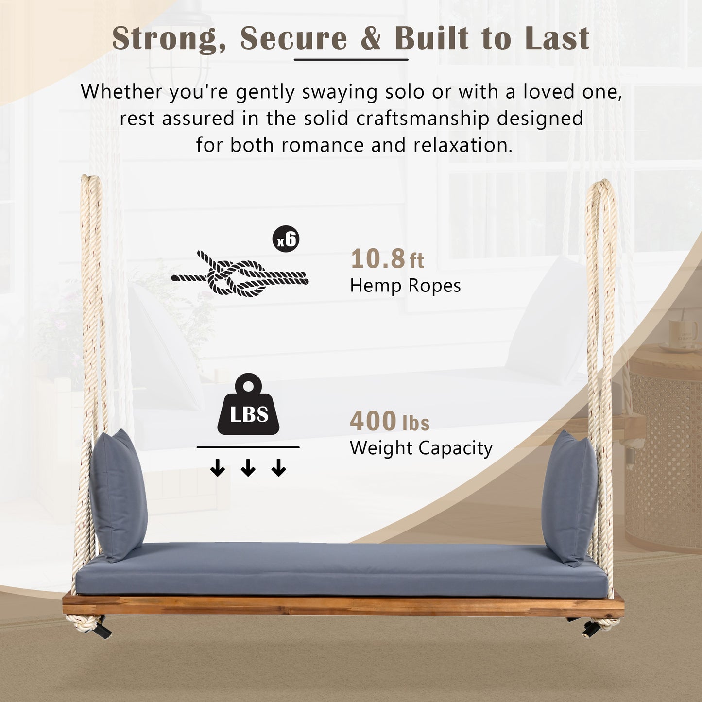 TOPMAx Patio Wooden Swing Chair  Hanging Porch Swing Bench With Cushion&Pillows  10.8Ft Hemp Ropes For Garden   Lawn Natural