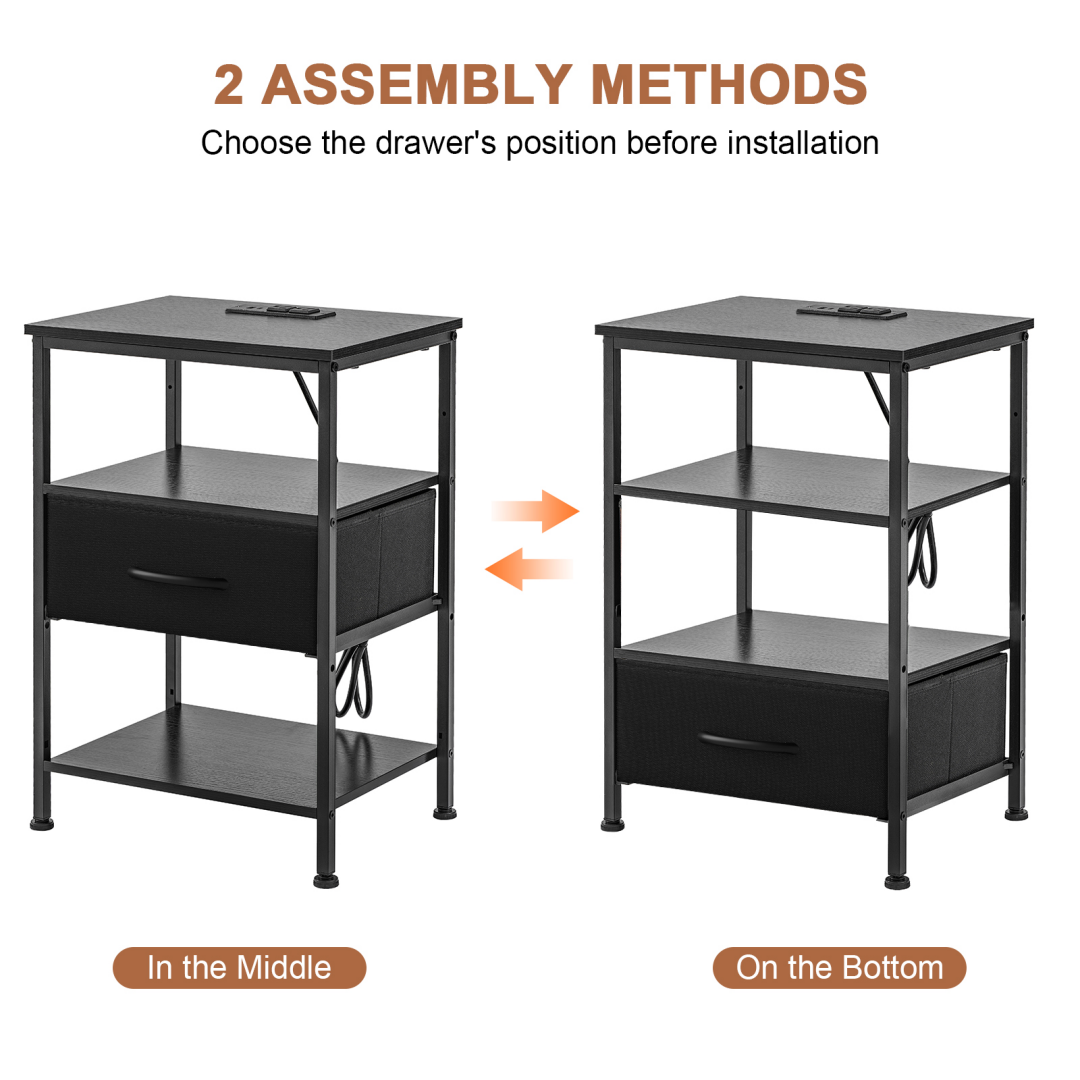 Bedside Table, With Built-in USB- C-type Port Sockets And Adjustable Drawers, 3-layer Storage Rack, And Fabric Drawers