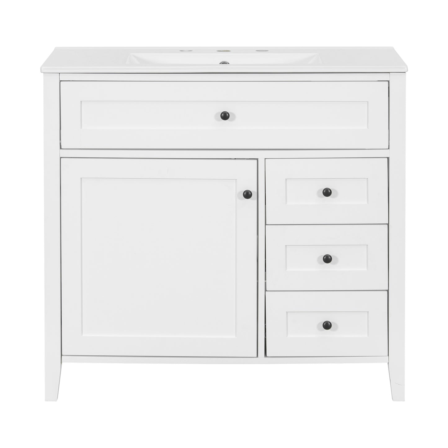36-Inch White Bathroom Vanity With Sink, Modern MDF And Rubberwood Cabinet With 3 Drawers And Adjustable Shelf, Freestanding Vanity For Bathroom Storage And Organization Left Door