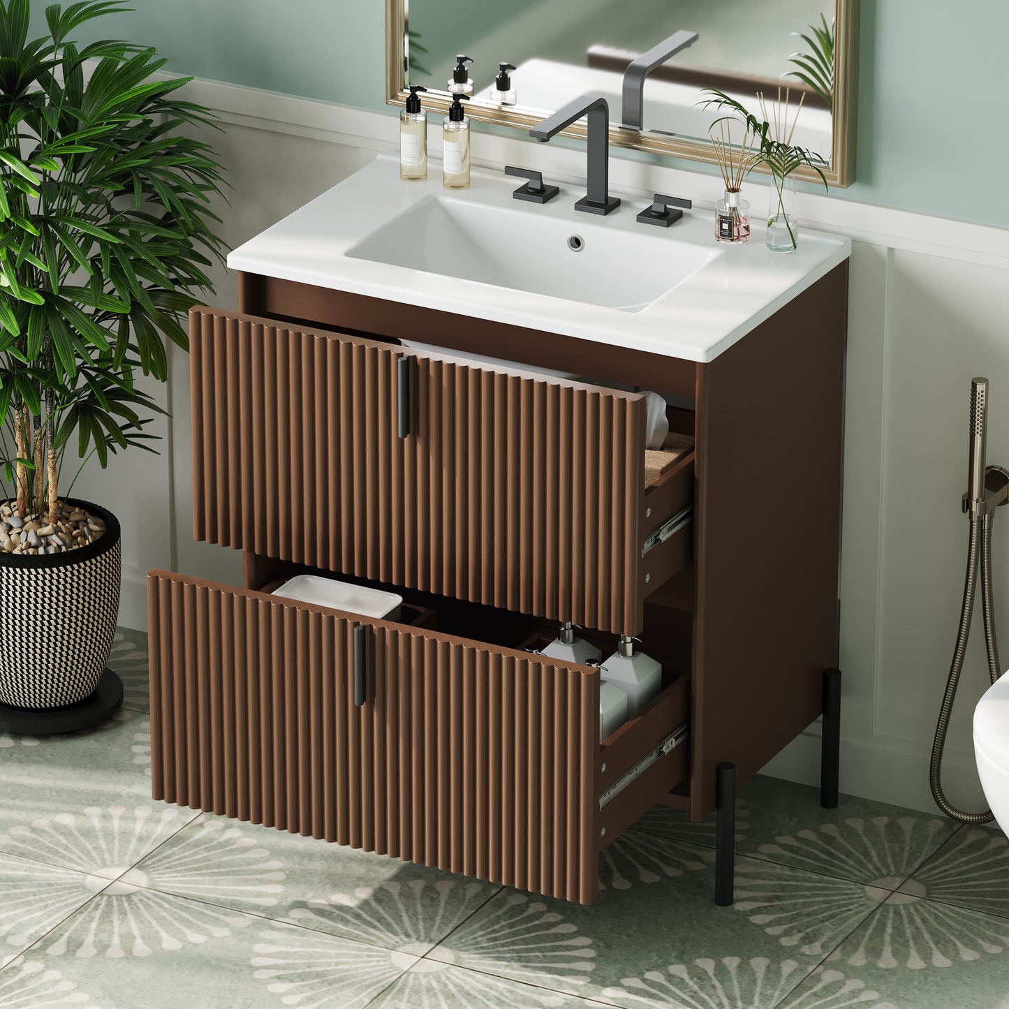 30  Bathroom Vanity With Ceramic Sink, Equipped With Vertical Pulls And Full-Extension Drawers, Freestanding Bathroom Vanity With Soft Close Drawer Slides, Fluted Design, Dark Brown