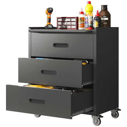 Heavy-Duty Metal Storage Cabinet With Wheels - 3 Drawer Tool Cabinet For Garage, Office, And Home Organizer Solutions, Black Gray