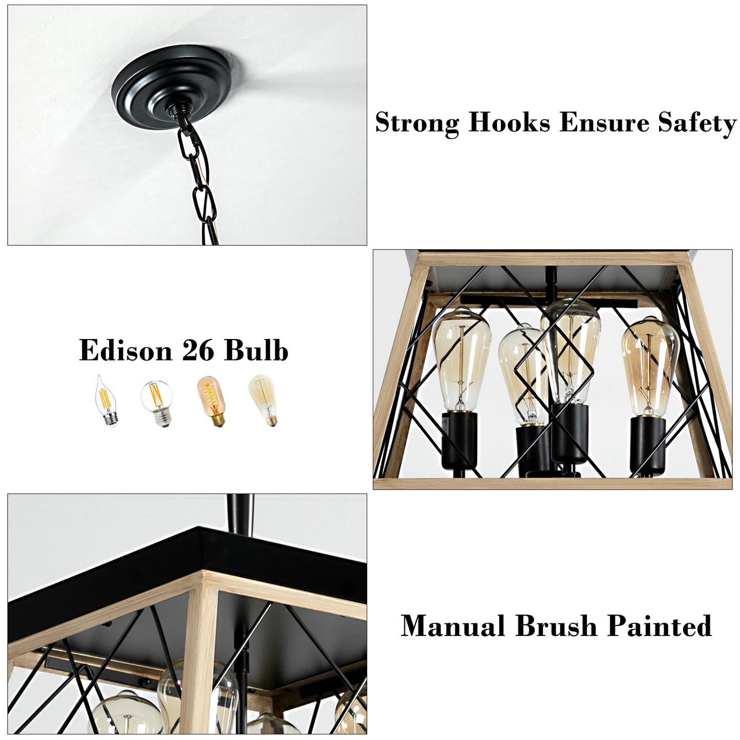 16in  Oak Industrial 4-Light Pendant Chandelier, Modern Metal Cage Design, Adjustable Hanging Light For Dining Room, Kitchen, Living Room -No Bulbs