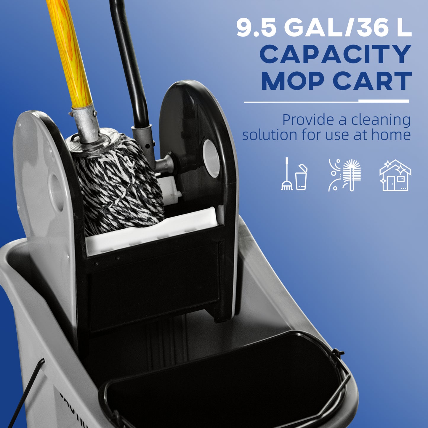 9.5 Gallon (38 Quart) Mop Bucket With Wringer Cleaning Cart, 4 Moving Wheels, 2 Separate Buckets, & Mop-Handle Holder, Grey