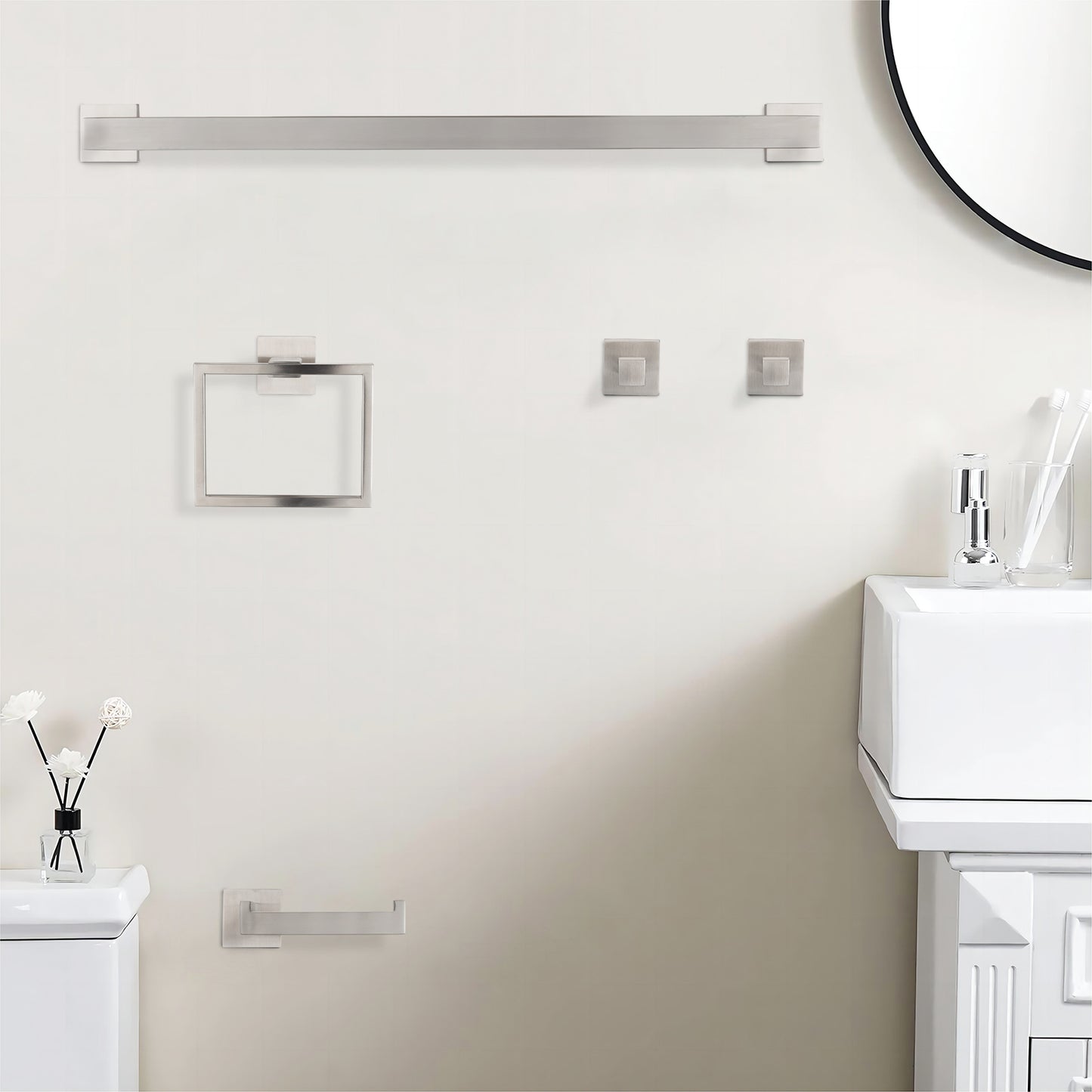5-Piece SUS304 Bathroom Set Towel Bar Ring   Hooks   TP Holder, Brushed Finish