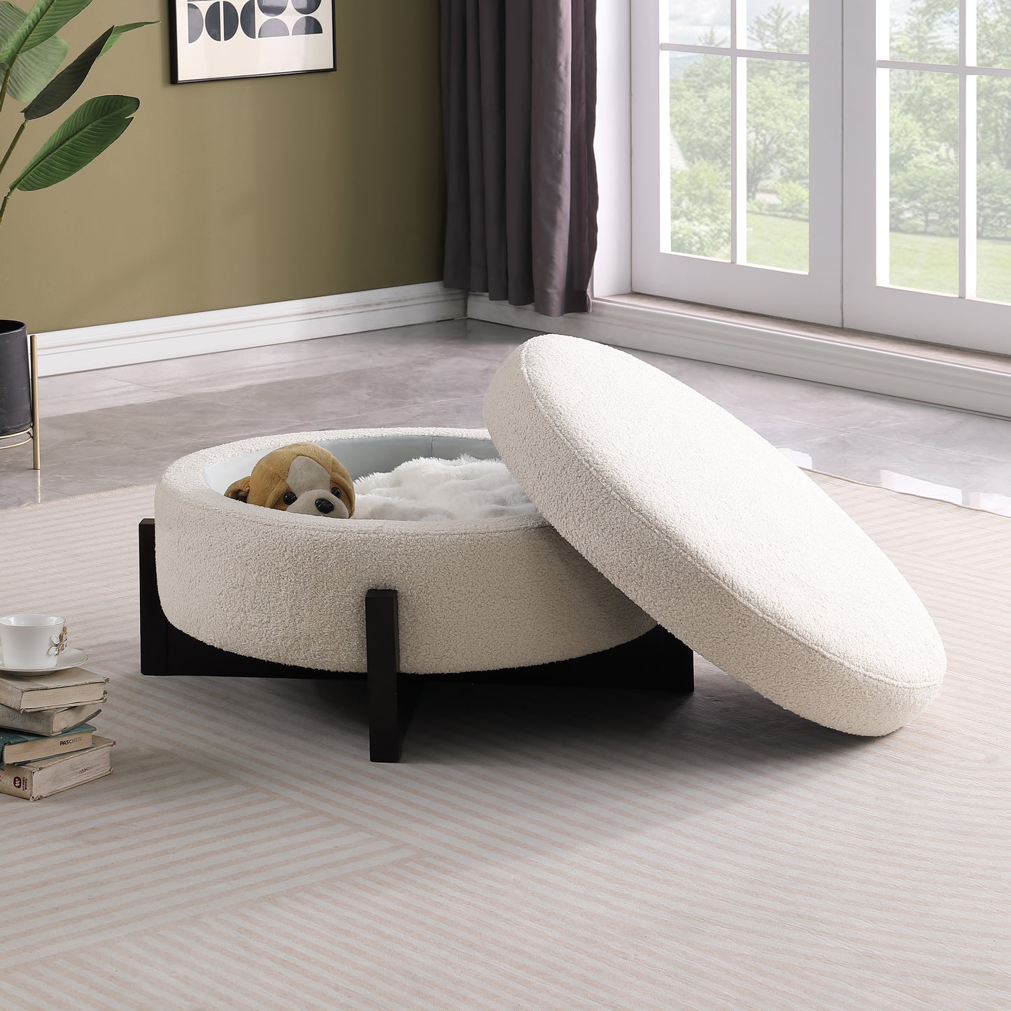Stylish Round Ottoman With Storage Inside, Oak Fold-out Legs, Beige.