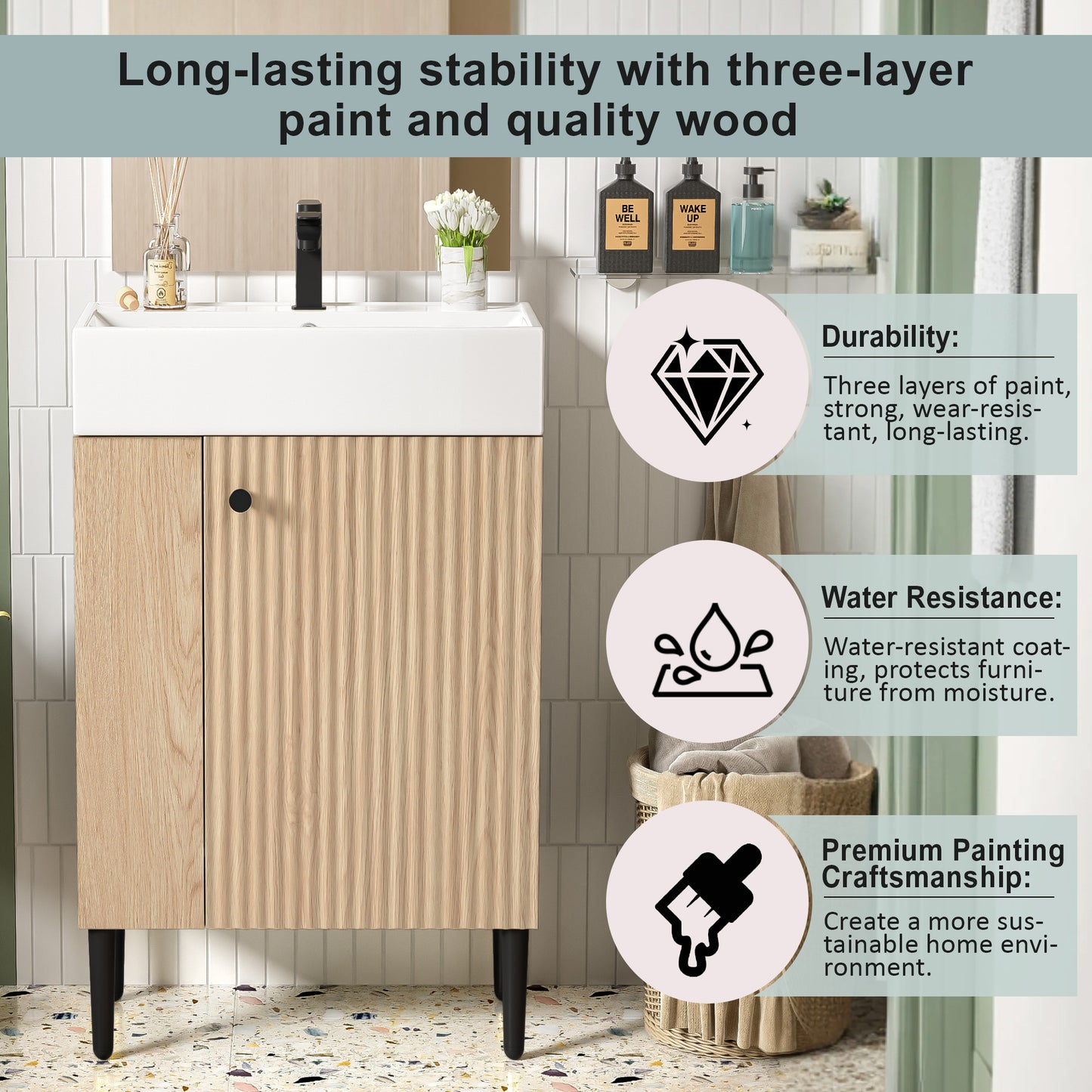 21.6  Wood Bathroom Vanity, Combo Cabinet, Bathroom Storage Cabinet, Single Ceramic Sink, Left Side Storage