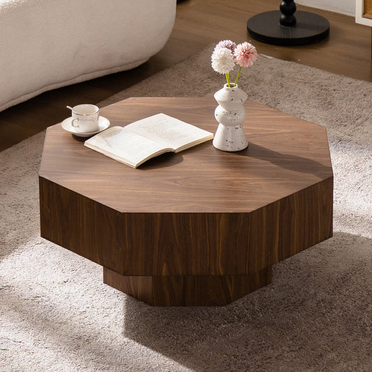 30.51 Inch Coffee Table Wooden Octagonal-Shaped For Living Room Walnut Suitable For Bedroom, Living Room, Office