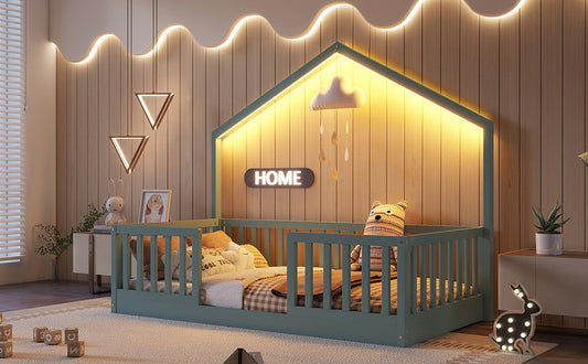 Twin Floor Bed With High Rails, Wooden Montessori Bed With Light For Kids, Boys And Girls ,GrayExpect Arrival Date 2026 3 16