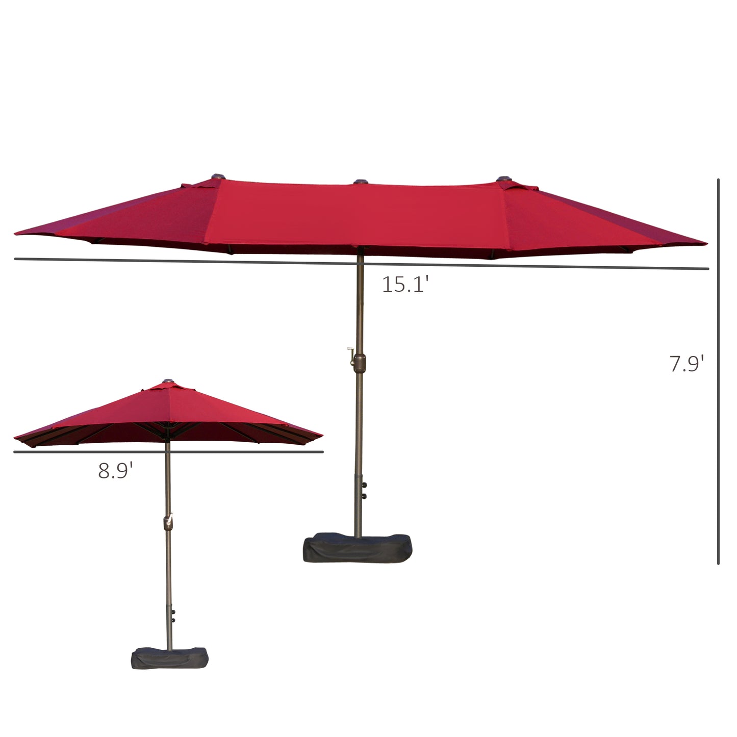 Patio Umbrella 15' Steel Rectangular Outdoor Double Sided Market With Base, UV Sun Protection & Easy Crank For Deck Pool Patio, Wine Red