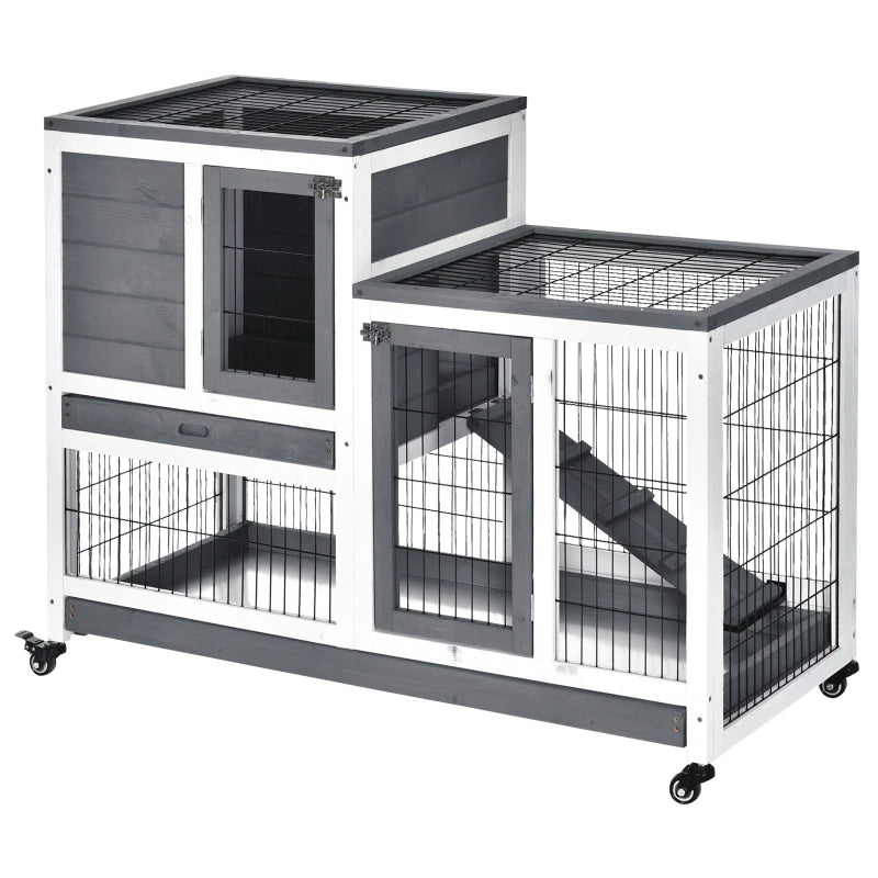 Wooden Rabbit Hutch Elevated Bunny Cage Indoor Small Animal Habitat With Enclosed Run With Wheels, Ramp, Removable Tray For Rabbits, Chickens, Ducks, Guinea Pigs, Gray