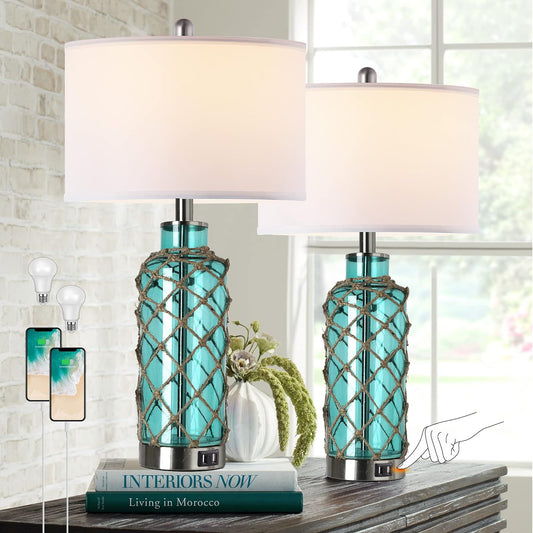 Cottage Nautical Accent Table Lamp Set Of 2, Touch Control Coastal Blue Green Glass Rope Net Bedside Lamp With 2 USB Ports, 3-Way Dimmable Nightstand Lamps With White Shade For Living Room, Bedroom