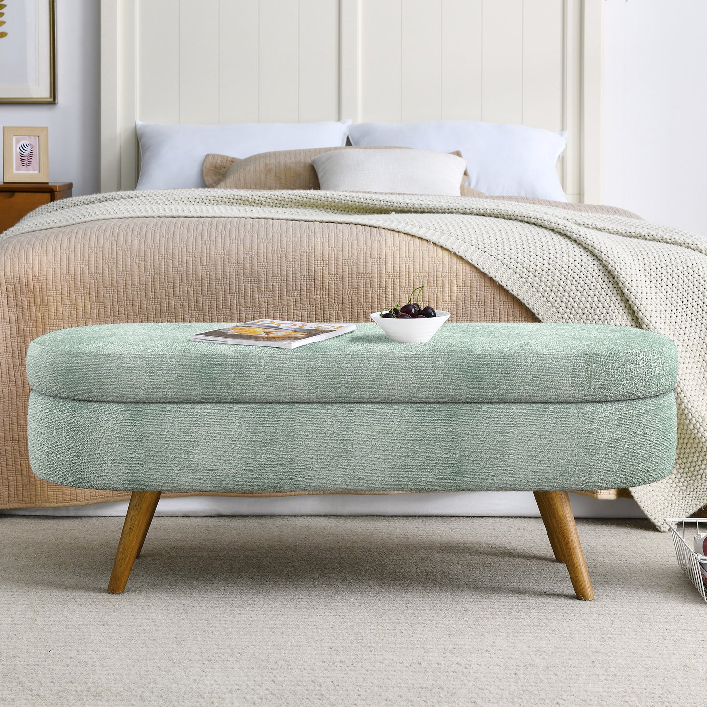 Ottoman Oval Storage Bench,Rubber Wood Legs, Gray 43.5x16x16 Cyan