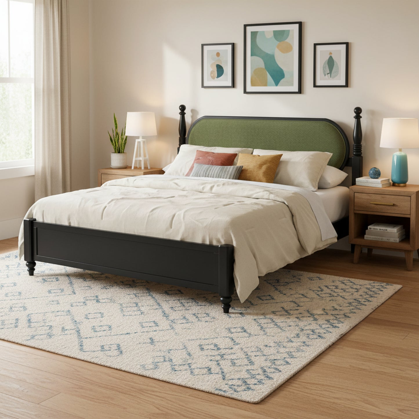 King Bed Frame, Solid Wood Platform With Slats, Modern Green & Black Bedroom Furniture, No Box Spring Needed