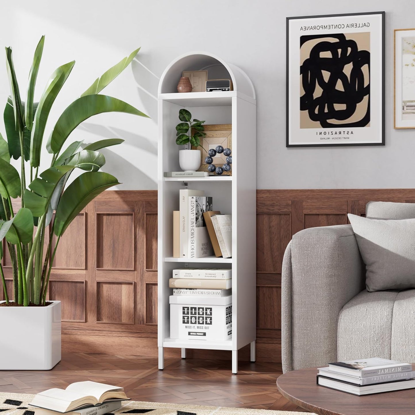 Aobabo Arch Display Bookcase With 2 Adjustable Shelves, Kitchen Pantry Storage Bookshelf For Dining Room, Home, Office, Kitchen, Study Room, Assembly Required, White