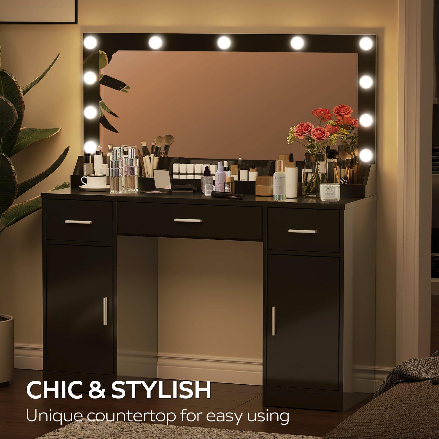 47.2 Vanity Desk With Large Mirror, 3 Colour Lighting Modes, Adjustable Brightness, Dresser With 3 Drawers & 2 Vertical Cabinets, Makeup Vanity Table For Women &  Girls  Black