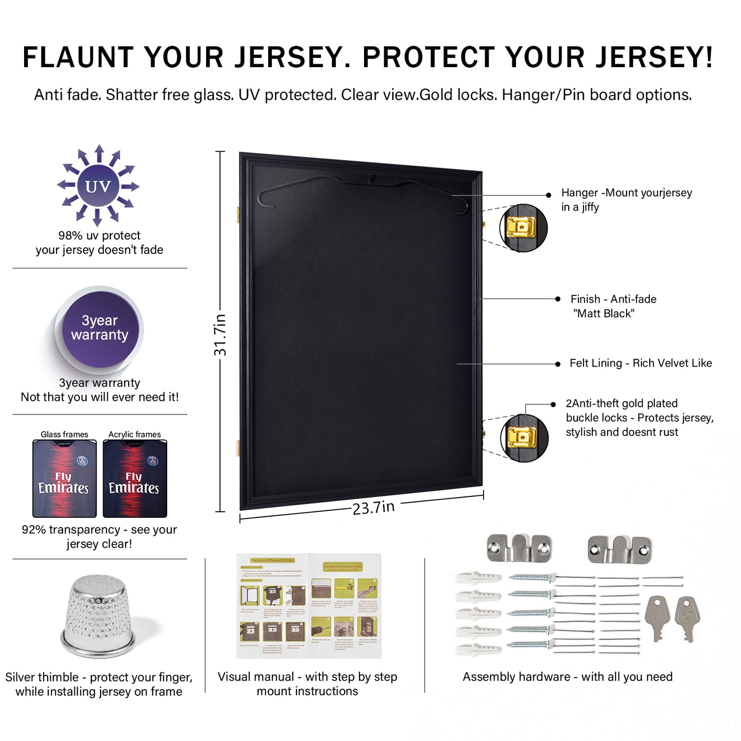 24 X 32in Jersey Display Case, Shirt Display Frame With UV Resistant Acrylic And Hanger, Wall Mounted Baseball Basketball Football Hockey Shirt Display Frame