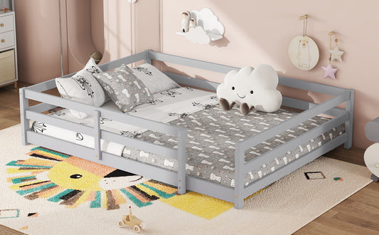 Full Size Floor Bed, Montessori Floor Bed With Fence, Kids Montessori Bed Full Size, Wood Montessori Floor Bed For Kids, Girls, Boys,GRAY.