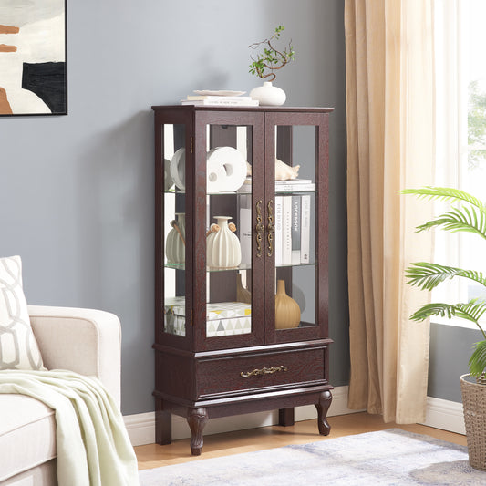 Curio Cabinet Lighted Glass Cabinet Glass Wine Cabinet Curio Display Cabinet With Adjustable Glass Shelves 2 Doors And 1 Drawer Cabinet Sideboard With Bulb Included Dark Cherry
