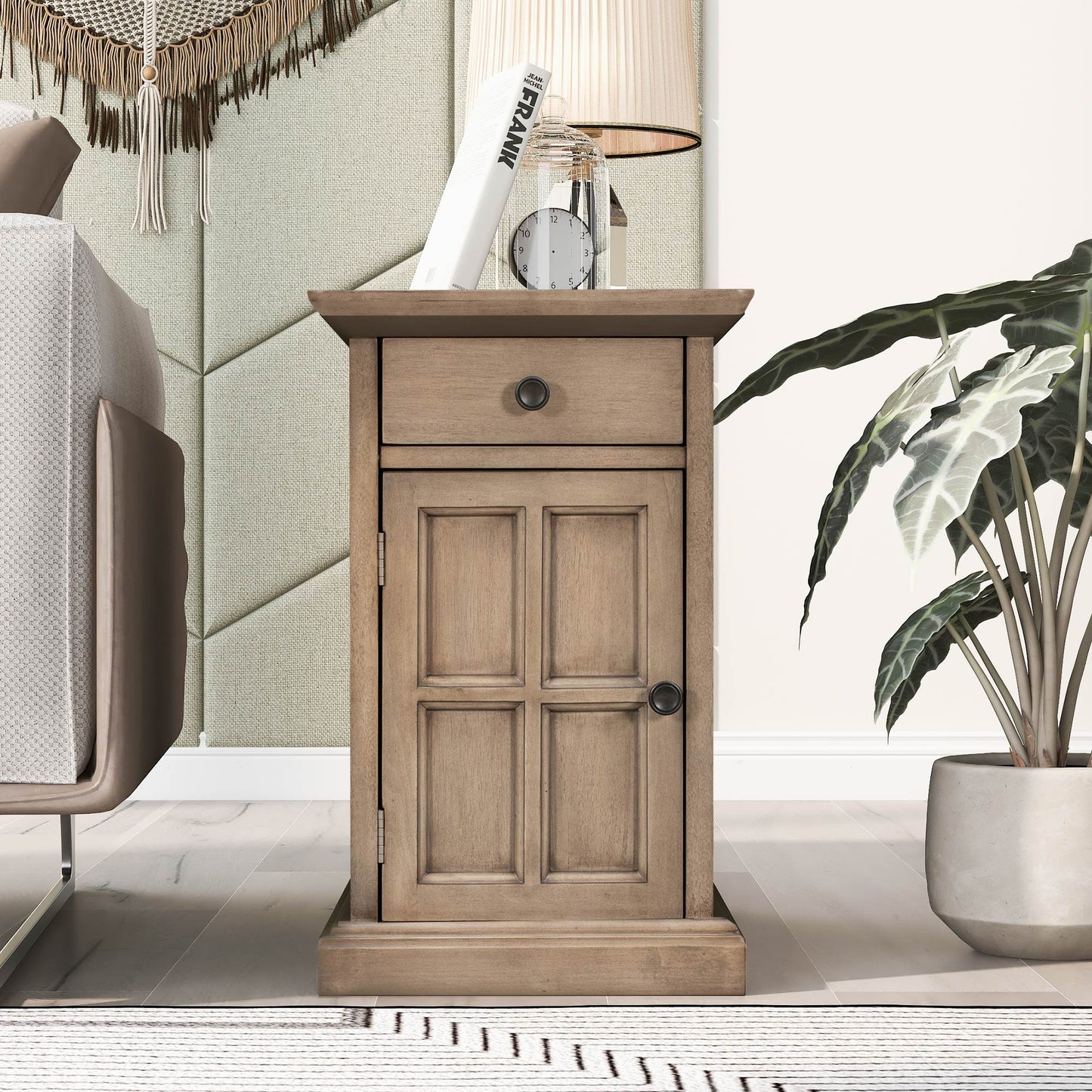 U-Can Classic Vintage Livingroom End Table Side Table With USB Ports And One Multifunctional Drawer With Cup Holders, Antique Brown