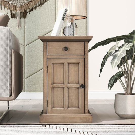 U-Can Classic Vintage Livingroom End Table Side Table With USB Ports And One Multifunctional Drawer With Cup Holders, Antique Brown