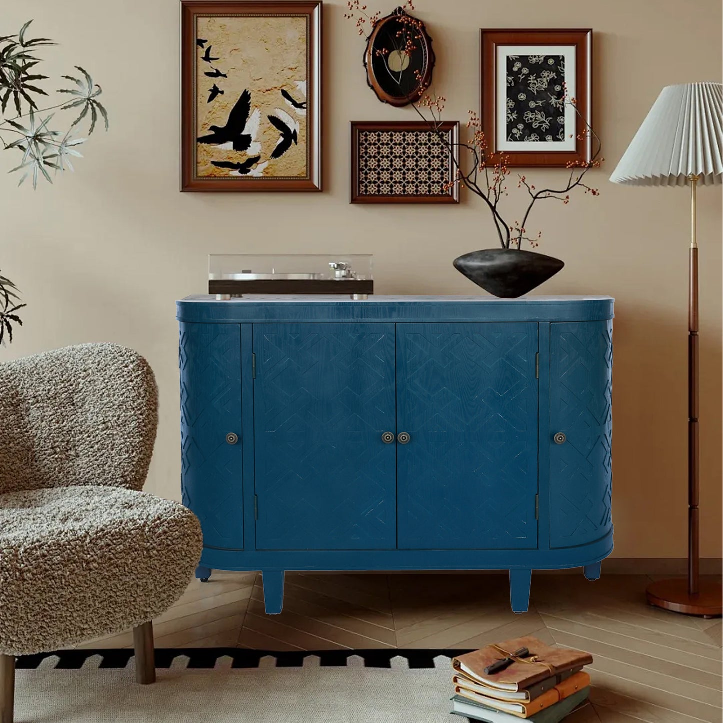 47 Oval Storage Cabinet With 4 Doors,Buffet Sideboard Cabinet With Storage, Fluted Accent Storage Cabinet With Curvy Edge, Sliding Door, Freestanding Credenza, Console Table For Living Room, Kitchen