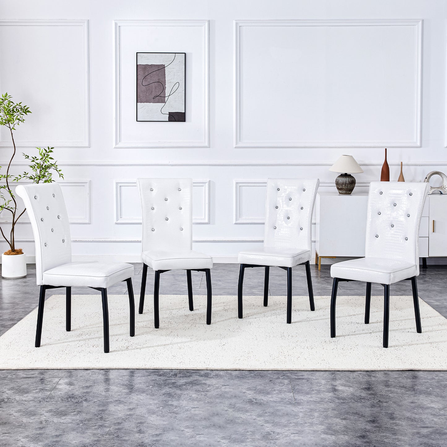 A Set Of 4 White And Black Vintage Crocodile Leather Cushioned Dining Chairs, Featuring Crystal Clasp Design And Artificial Leather Design, Adding A Touch Of Elegance And Mystery To The Dining Area