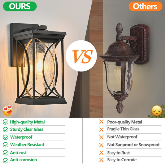 14in H 1-pack Black Outdoor Wall Lantern With Crackled Glass, Weather-Resistant Exterior Light Fixture For Porch, Patio, And Entryway, Modern Decorative Wall Sconce With E26 Base  Bulb Not Included