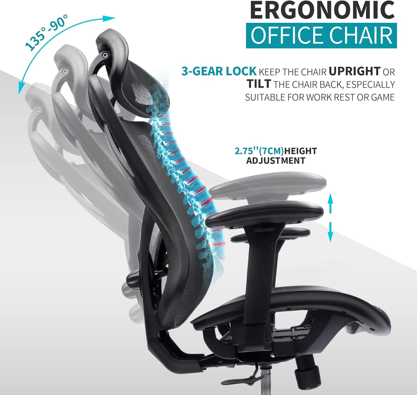 Mesh Office Chair,Ergonomic Office Chairs With Wheels,Adjustable Lumbar Support,Armrest,Headrest-Tilt High Back Desk Chair With Mute Wheel For Office, Home, Gaming
