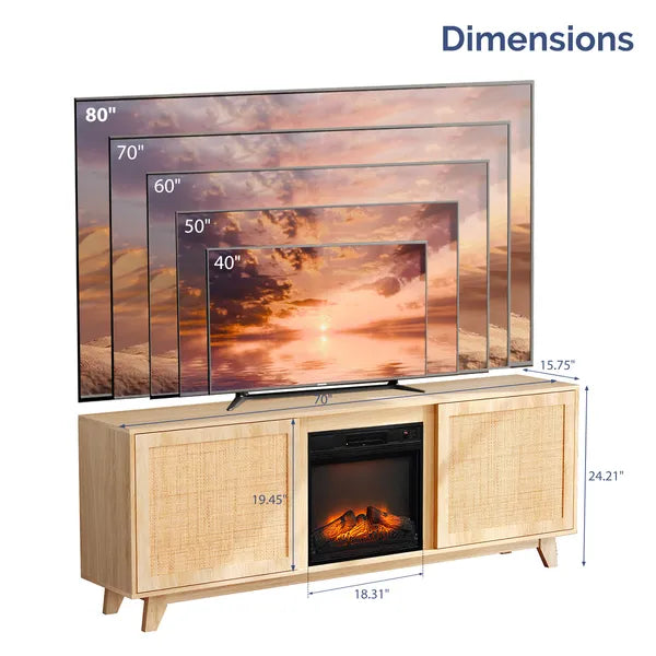 70' Oak Finish Low-Profile Fireplace TV Stand With 2 Doors & Rattan Front For 18' Insert