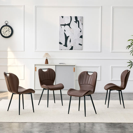 Set Of 4 Brown PU Dining Chairs With Integrated Handle. Black Metal Frame, Adjustable Leveling Feet. Home Dining Chairs With Extra-Wide Comfortable Cushion, Versatile For Multiple Scenarios.