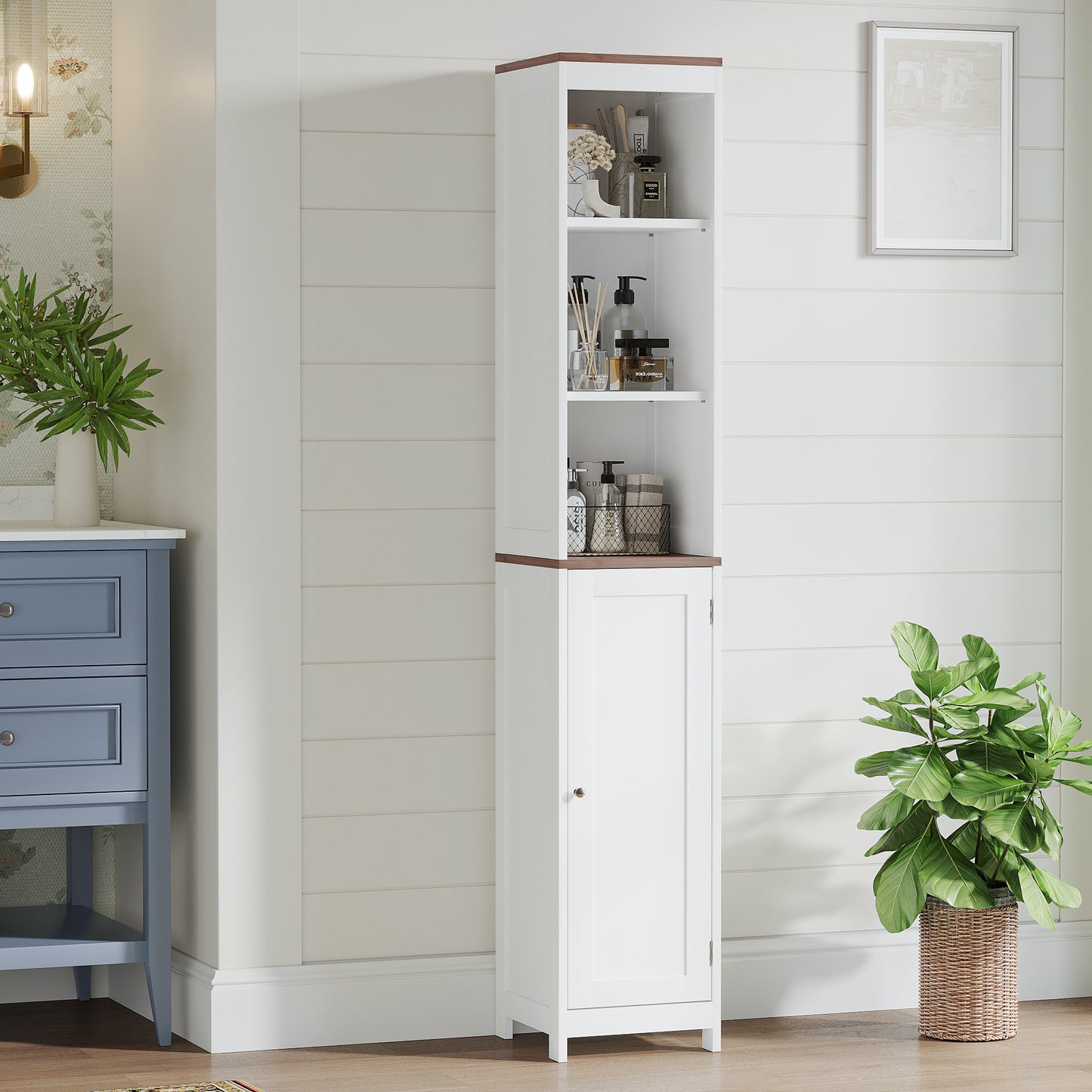 Tall Bathroom Storage Cabinet With Reversible Door, Freestanding Linen Tower With Open Shelves And Enclosed Cabinet, Narrow Floor Cabinet Organizer For Bathroom, Laundry Room Or Small Spaces White