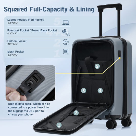 Luggage Sets 5 Piece With Front Opening, Hardside Expandable Carry On Suitcase Set With Double Spinner Wheel, Lightweight Travel Luggage With USB Port,TSA Locks 20-24-28