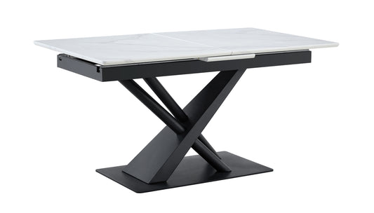 Modern Dining Table With White Marble MDF Veneer Paper Tabletop And Geometric X-Frame Metal Spray-Painted Legs, Sturdy Metal Base For Contemporary Kitchen Or Dining Room  White Marble, 1 Table