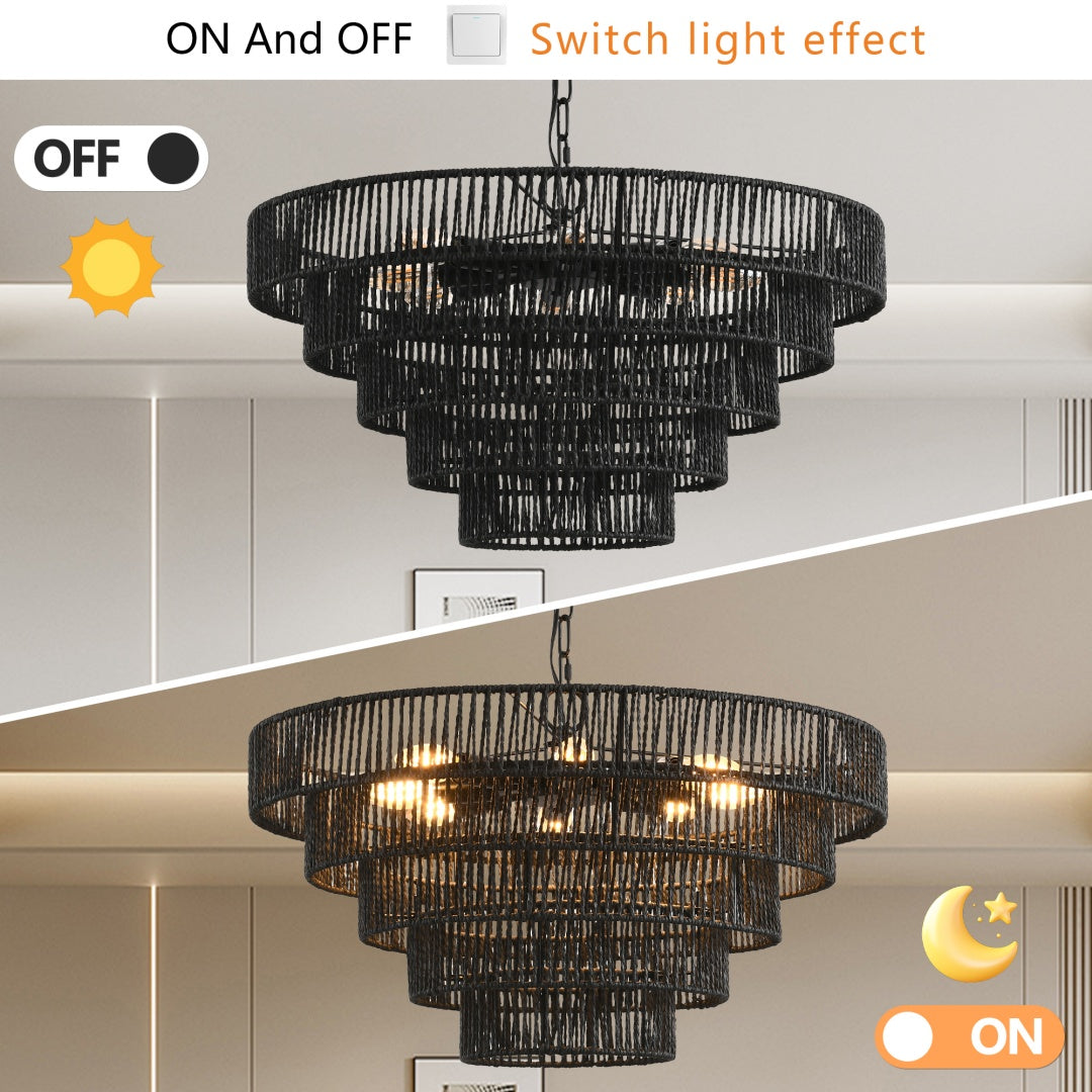 24 Rustic 5-Tier Black Hemp Rope Pendant Light Chandelier With 8 E12 Sockets, Boho Farmhouse Ceiling Fixture For Dining Room, Kitchen, Or Entryway  Bulb Not Included