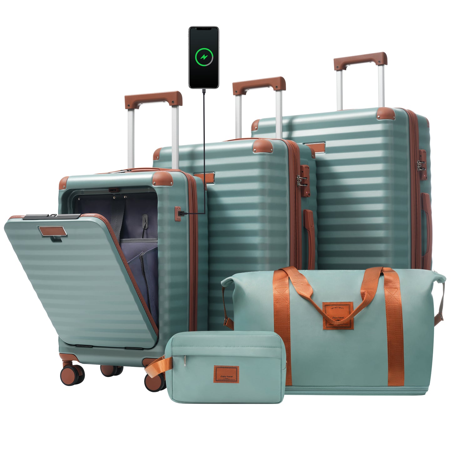 Luggage Sets 5 Piece With Front Opening , Hardside Expandable Carry On Suitcase With Spinner Wheels TSA Lock USB Port  Cup Holder Duffel Bag And Toiletry Bag