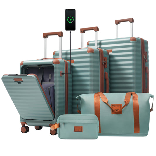 Luggage Sets 5 Piece With Front Opening , Hardside Expandable Carry On Suitcase With Spinner Wheels TSA Lock USB Port  Cup Holder Duffel Bag And Toiletry Bag
