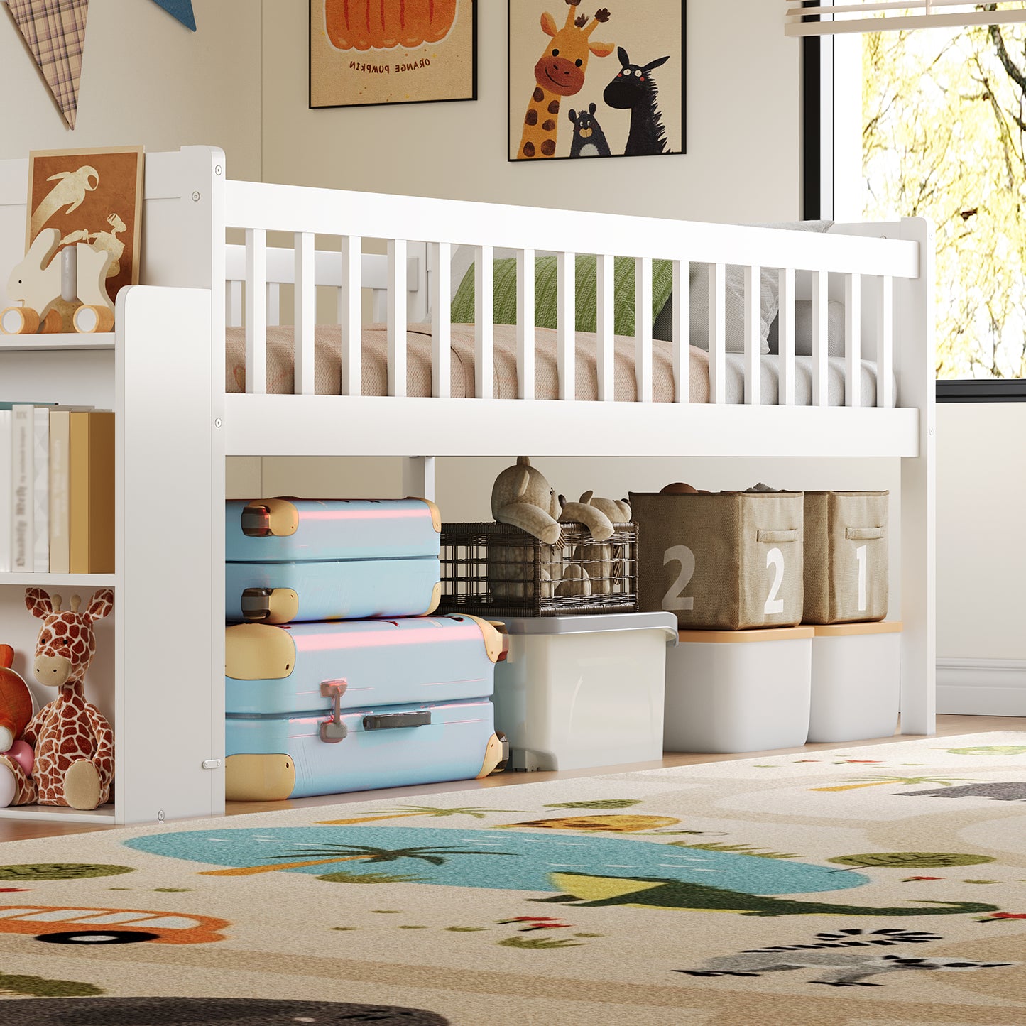 Twin Bed Frame With Storage Shelf, Wooden Bed Frame With Slide And Ladder,Platform Twin Size Bed With Guardrail, No Box Spring Needed, Easy Assembly, White