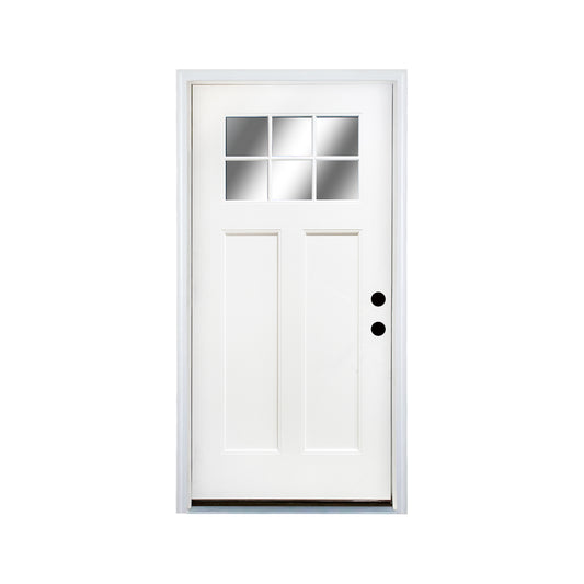 Fiberglass Entry Door, 36 X 80 Door With Brickmould,4-9-16 Vinyl Frame,White Primed, Left Hand Inswing, Front Entry Knock-Down Door, 2-Panel Craftsman, 6-Lite Low-E Glass