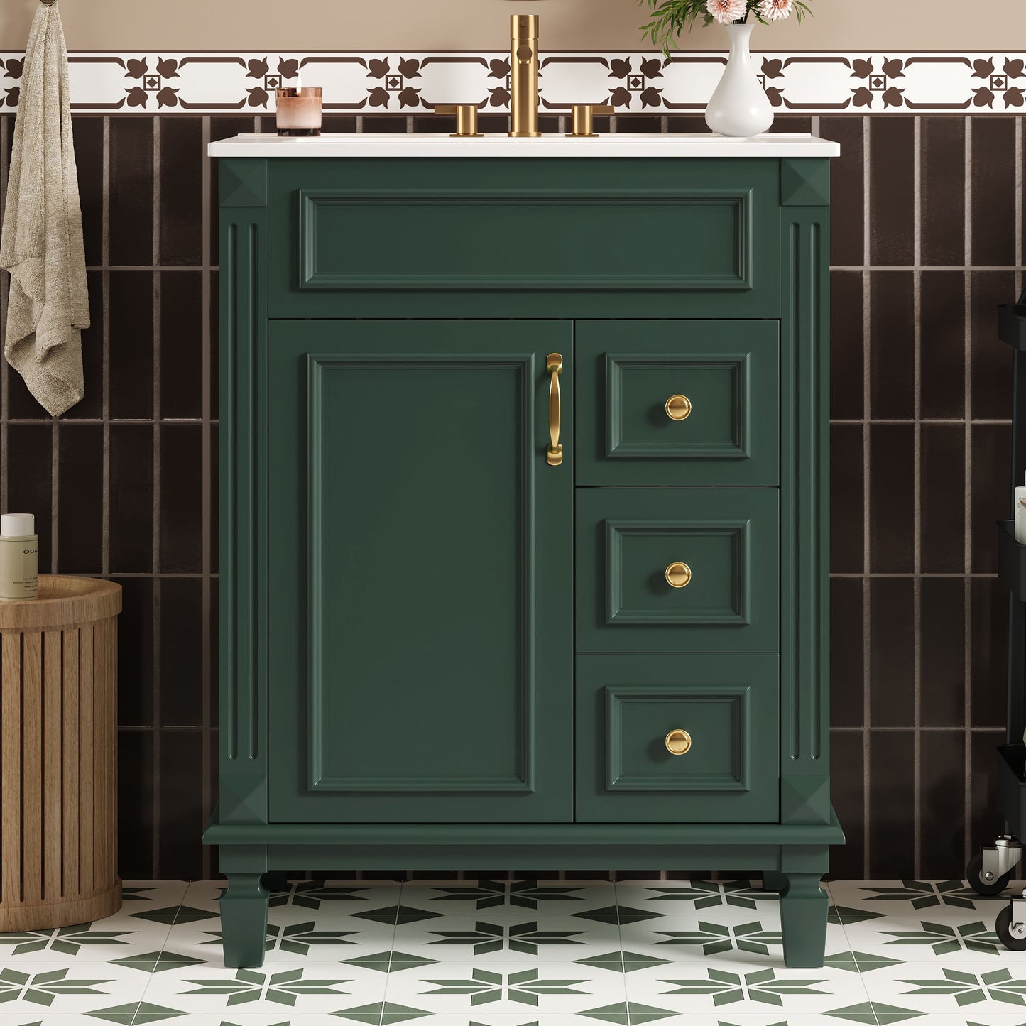 24   Bathroom Vanity With Ceramic Sink, Small Bathroom Sink Cabinet, Modern Cabinet With 2 Drawers And Adjustable Shelf