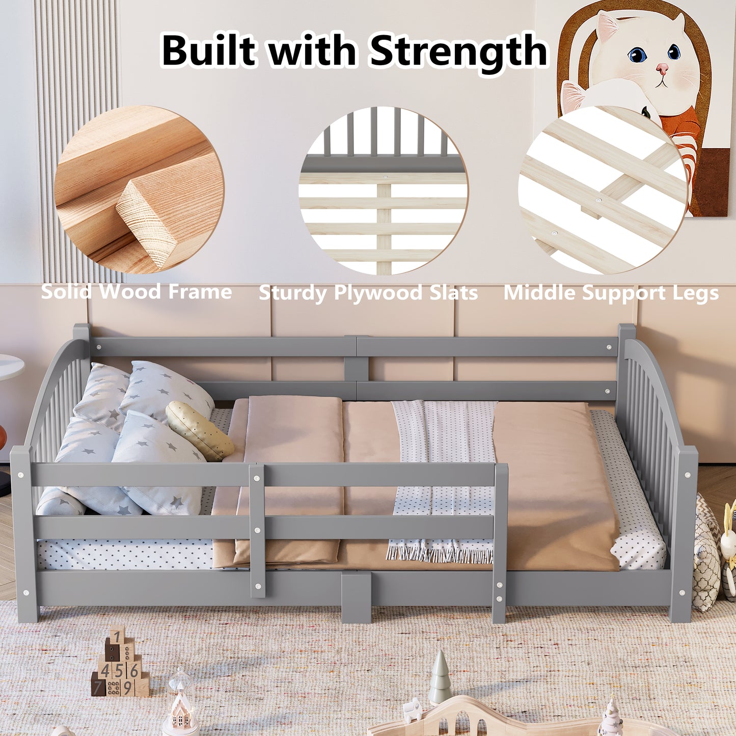 Twin Montessori Floor Bed With Slats And Safety Guardrails, Solid Wood Floor Bed With Fence And Without Door, Easy Assemble Montessori Bed For Girls And Boys, Gray