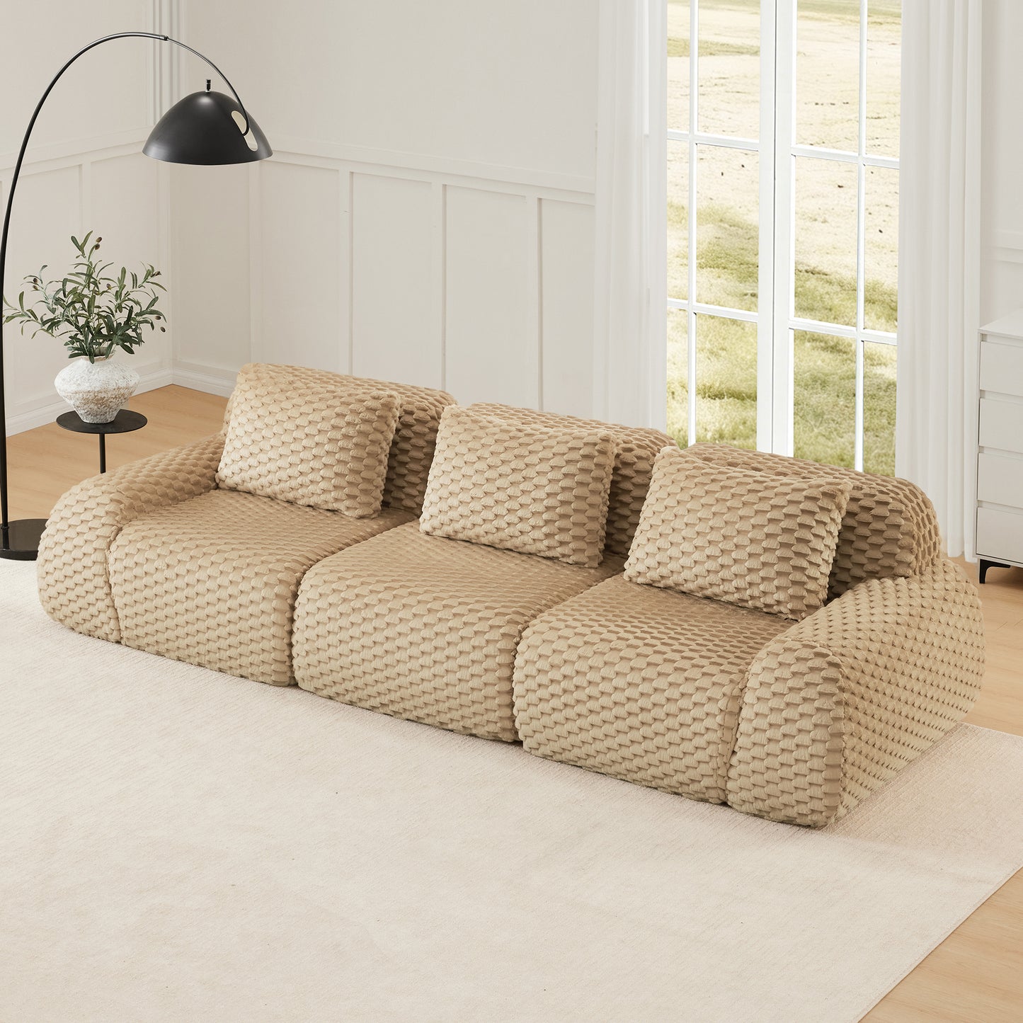 114 Modern Modular Sectional Sofa For Living Room,Flannelette Fabric,Oversized 3-Seater Couch,boneless Sofa,Deep Seat,Buckle Connection,Anti-slip Design,No Assembly,Light