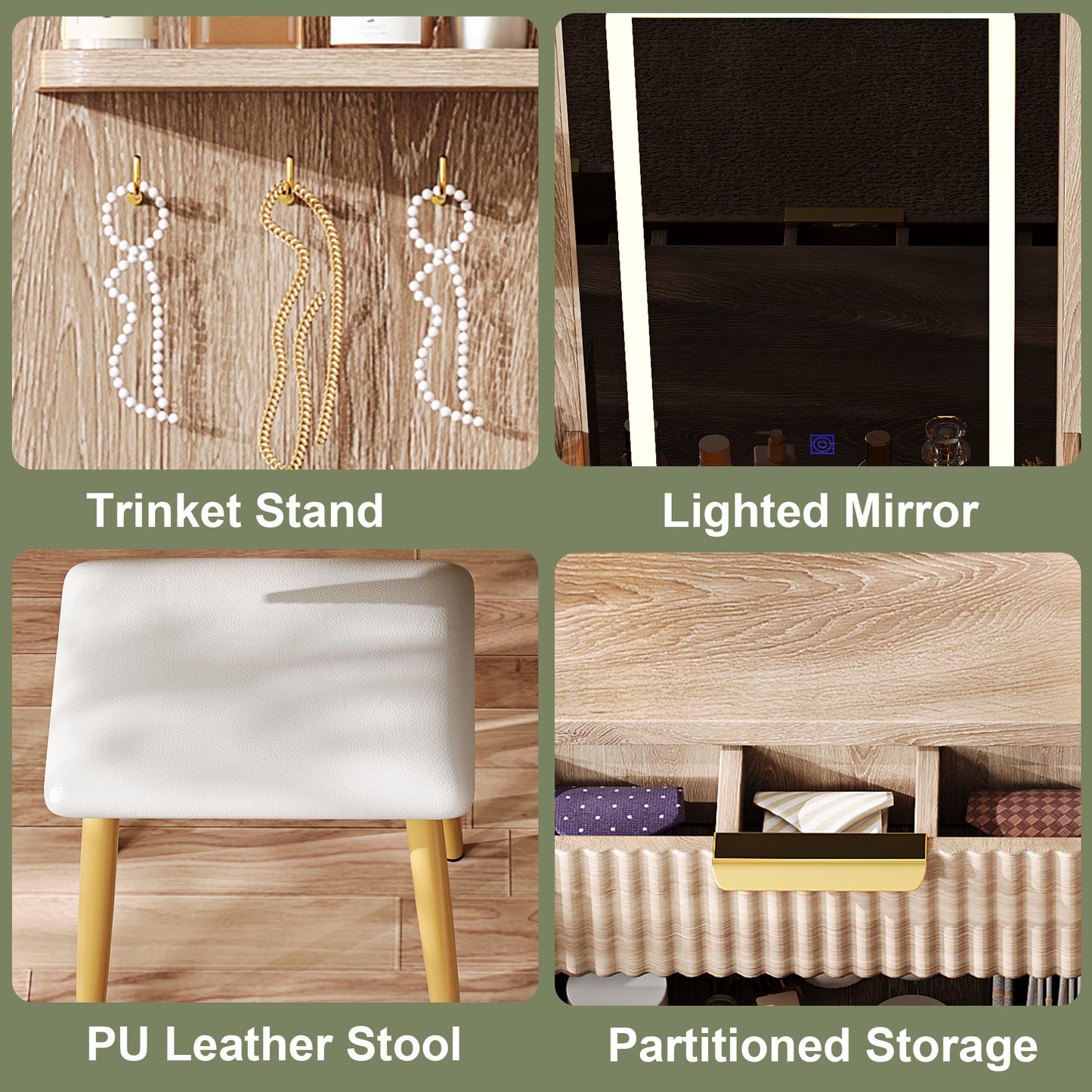 7-Drawer Vanity Desk With LED Mirror & Carved Details, Fluted Makeup Table With Metal Legs And PU Stool, Carved Dressing Table With Jewelry Storage For Bedroom
