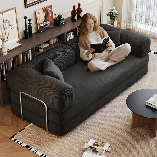 78.8 Compression Sofa,Convertible Floor Sofa Bed-with Pillow Back Support Armrest,Comfy Futon Couch Sleeper Bed,Loveseats Boneless Modular Sectional Sofa,Corduroy Fabric,for Living Room,Bedroom,Black
