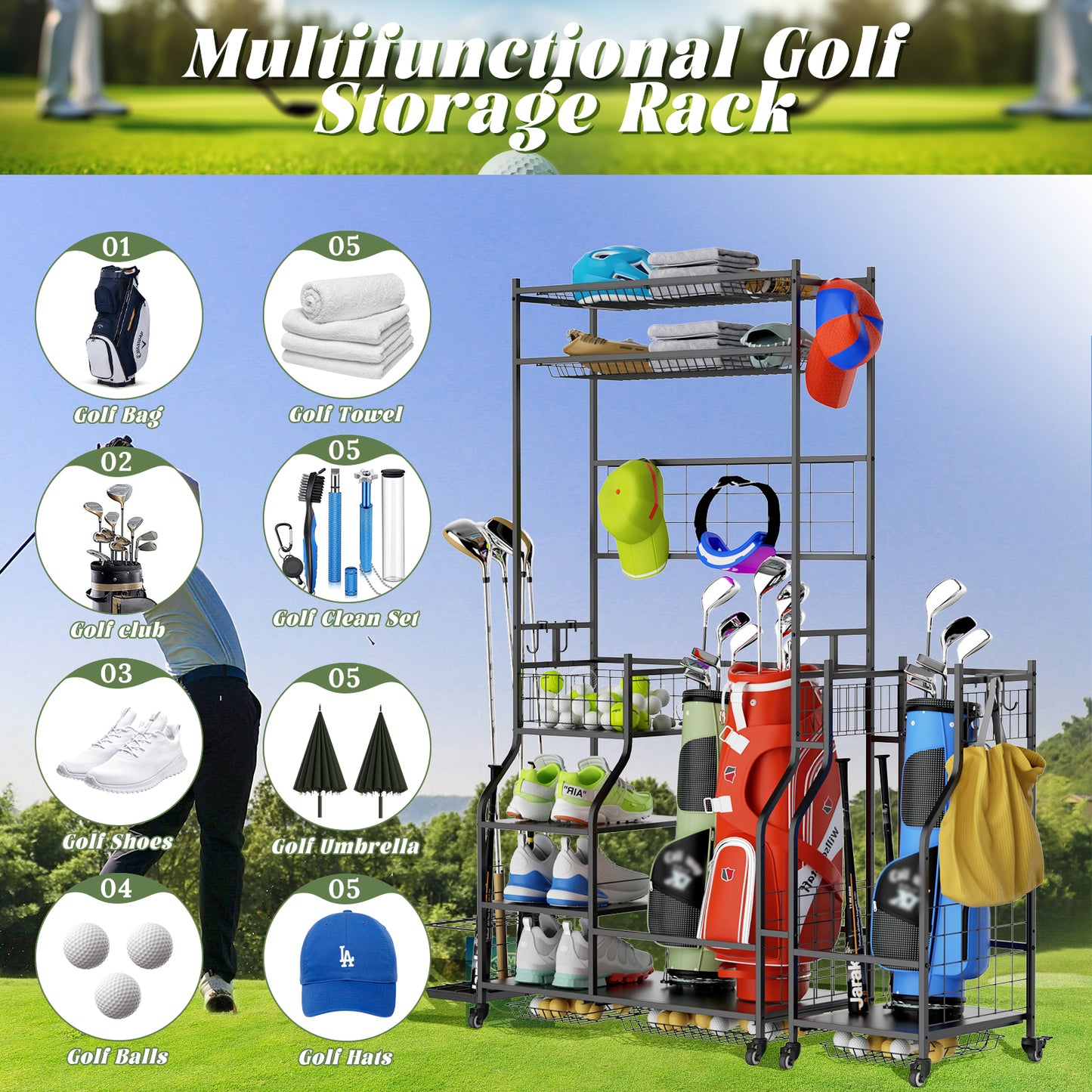 Golf Bag Storage Garage Organizer,Golf Club Bag Storage Rack For Garage, Extra Storage Rack For Golf Clubs,Golf Bag Organizer Fit For Garage,Shed,Basement