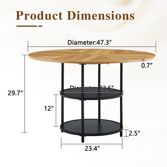 47.3-inch Diameter Modern Splicing Circular Dining Table - Double-layer Storage, Wood And Black Fan-shaped Diagonal Color Matching Design, Interpreting Home Aesthetics And Practicality.